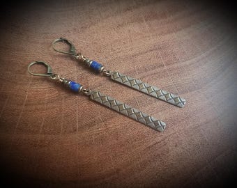 Lapis and Brass Stick Earrings: Bohemian Minimalist Jewelry