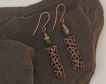 African Jade Copper Earrings: Hammered Boho Dangle Jewelry