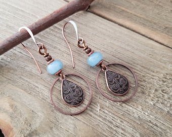 Aquamarine Earrings, Copper Earrings, Aquamarine Boho Earrings, Bohemian Earrings, March Birthstone Earrings, Birthstone Earrings