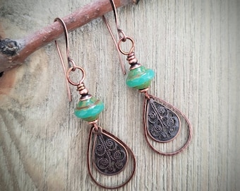 Green Czech Glass Earrings: Copper Boho Dangle Jewelry