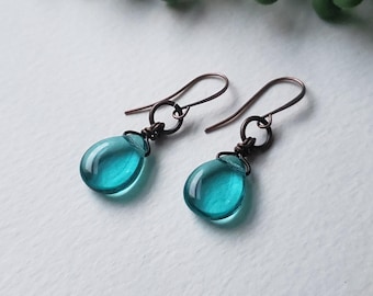 Teal Glass Earrings, Teardrop Earrings, Bohemian Earrings, Wire wrapped earrings, Short Earrings, Boho Jewelry, Glass Jewelry