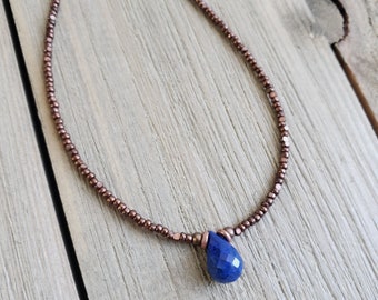 Lapis Lazuli Teardrop Necklace: Copper Beaded Dainty Choker