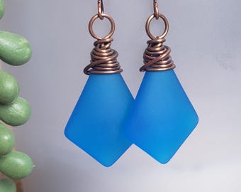 Beachy Earrings, Bohemian Earrings, Wire wrapped Earrings, Glass Earrings, Copper Wire Earrings, Copper Jewelry, Boho Jewelry