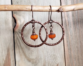 Orange Picasso Czech Glass Copper Hoop Earrings