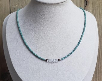Herkimer Diamond Necklace, Turquoise Necklace, Herkimer Jewelry, Boho Necklace, Bohemian Jewelry, Choker Necklace, Seed bead Necklace