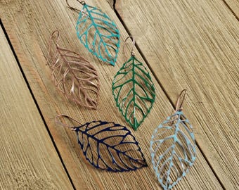 Leaf Earrings, Painted Leaf Earrings, Bohemian Earrings, Copper Earrings, Nature Lover Earrings, Lightweight Earrings, Gift for her