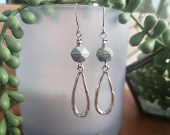 Czech Glass Drop Earrings, Silver Earrings, Boho Earrings, Teardrop Earrings, Turquoise Jewelry