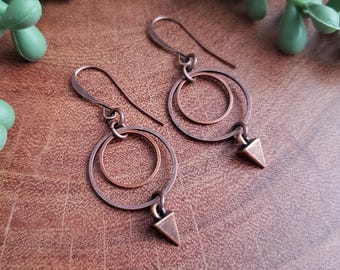 Copper Dangle Earrings, Edgy Hoop Earrings, Boho Jewelry, Spike Earrings, Gift for her