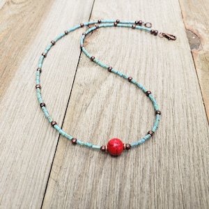 Red Stone Necklace, Czech Glass Necklace, Dainty Necklace, Layering Necklace, Beaded Necklace, Turquoise Jewelry, Beaded Choker