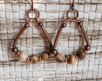 Picture Jasper Earrings, Small Stone Earrings, Natural Stone Earrings, Boho Earrings, Copper Jewelry, Stone Jewelry