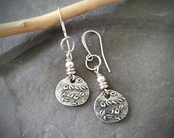 Etched Pewter Earrings, Silver Earrings, Small Dangle Earrings, Bohemian Earrings, Boho Jewelry, Etched Jewelry, Nature Lover Earrings