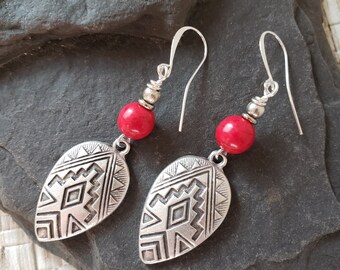 Red Howlite Earrings, Silver Earrings, Southwestern Earrings, Aztec Earring, Shield Earrings, Red Stone Earrings, Women's Earrings