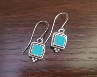 Turquoise Enamel Earrings, Short Earrings, Silver Earrings, Enamel Jewelry, Minimalist Earrings, Small Drop Earrings, Boho Earrings