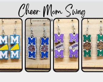 Cheer Mom PomPom Earrings, Handcrafted Cheer Mom Earrings, Custom Cheer Mom Earrings, Cheer Mom Handmade Wood Earrings