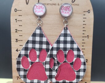 Handcrafted Wood and Faux Leather Dog Lover Mama Earrings - Paw Shaped Dangle Studs