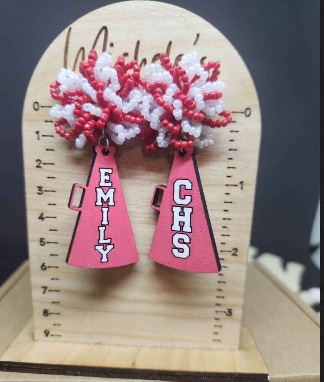 Cheer Megaphone Pom Pom Earrings Hand Beaded Cheer Earrings Etsy