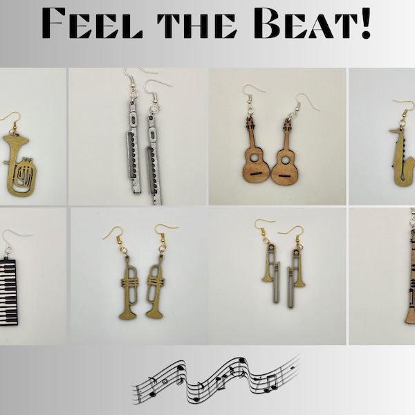 Music Instruments Wood Earrings, Music Lovers Earrings