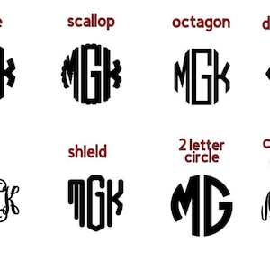 Op de afbeelding: Een grafiek met verschillende monogram-stijlen, waaronder cirkel, schelp, achthoek, diamant, wijnstok, schild, cirkel met 2 letters en cursief schrift.