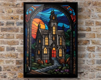 Stained glass Haunted house art print, digital art, Halloween print