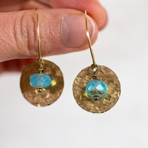 Hammered Brass Disc Earrings, Small Hoop Earrings, Hammered Brass Hoop Earrings, Brass and Bead, Earrings Gift for Her