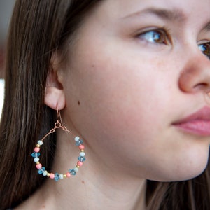 Colorful Hoop Earrings, Bead Hoop Earrings, Dangle Hoops, Bohemian Earrings, Boho Earrings Dangle, Copper Earrings, Earrings Gift for Her,