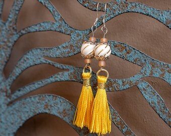 Yellow Tassel Earrings, Tassel and Bead Earrings, Boho Chic Earrings, Dangle Earrings, Gift for Her, Bohemian Earrings, Tassel Earrings