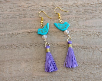 Bird & Tassel Earrings, Colorful Tassel Earrings, Turquoise dangle earrings, Tassel Earrings, Dangle Earrings, Boho Chic Earrings