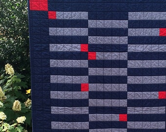 Handmade Modern Throw Quilt - Match Stick Design, Navy, Gray, Red Color  100% Cotton Fabrics