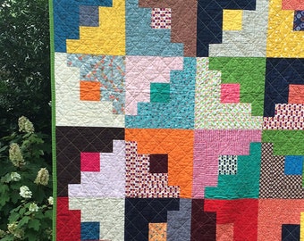 Handmade Modern Log Cabin Throw Quilt - Colorful, 100% Cotton Fabrics