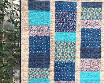 Handmade Baby Quilt - Blue Color Theme, Whimsical Fox, Mushroom, Flower,  Polka Dot Print 100% Cotton Fabrics