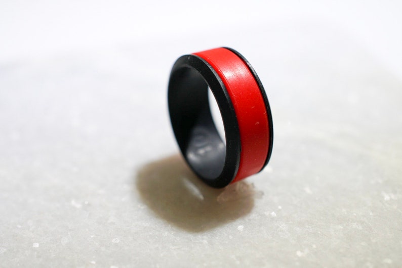 Anniversary Promise Ring Beveled Wedding Band Outdoorsy Ring FLASH SALE ** Unique Red and Black Silicone Wedding Band Gym