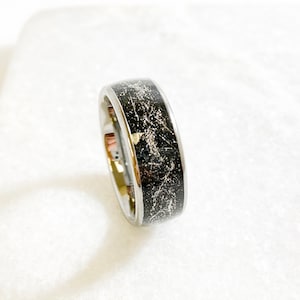Free ENGRAVING  Men Tungsten Carbide Wedding Domed Ring WIth Metallic Shavings On Black Carbon Fiber InLay 8Mm | Anniversary Gift