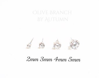 Sterling Silver CZ Stud Earrings | Cubic Zirconia Silver Stud Earrings| Minimal Earrings | 2mm, 3mm, 4mm, 5mm Stud Earrings