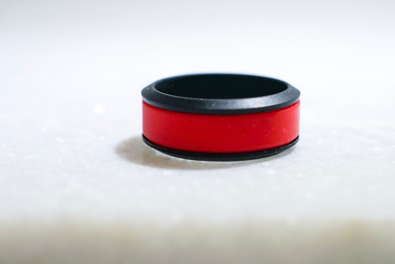 Anniversary Promise Ring Beveled Wedding Band Outdoorsy Ring FLASH SALE ** Unique Red and Black Silicone Wedding Band Gym