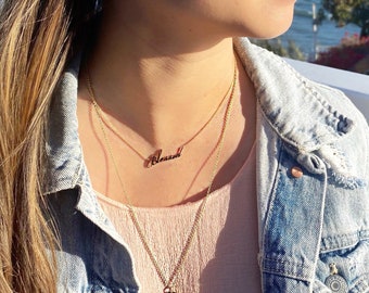 14k Solid Gold Blessed necklace | Script Necklace