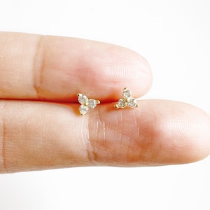 Tiny Dainty 14k solid Gold Three Stone Cubic Zirconia Stud screw back Earrings | Triangle Stud Earrings | Simple minimalist Earrings