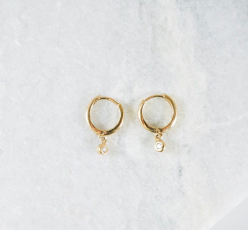 14k Solid Gold Huggie Hoop Earrings With Dangly Diamonds .10ct Etsy