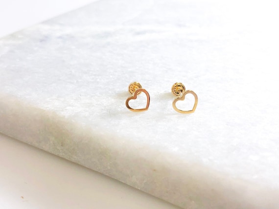 Dainty Minimal 14k Solid Gold Cut out Heart Shaped Stud Earrings Screw  Back Birthday Gift Everyday Wear