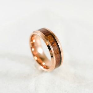 Tungsten Carbide Rose Gold IP Plated with Hawaiian Koa Wood Inlay Shiny Beveled Edge 8mm Wedding Band | Personalized ring with Engraving