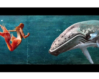 Mermaid & Humpback (XL Semi-Gloss Panoramic Print with Black - 4' x 17.5")