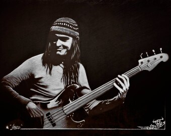 Hand-drawn action portrait of legendary bass player Jaco Pastorius