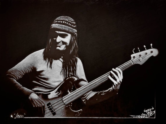 Hand-drawn action portrait of bass player Jaco | Etsy