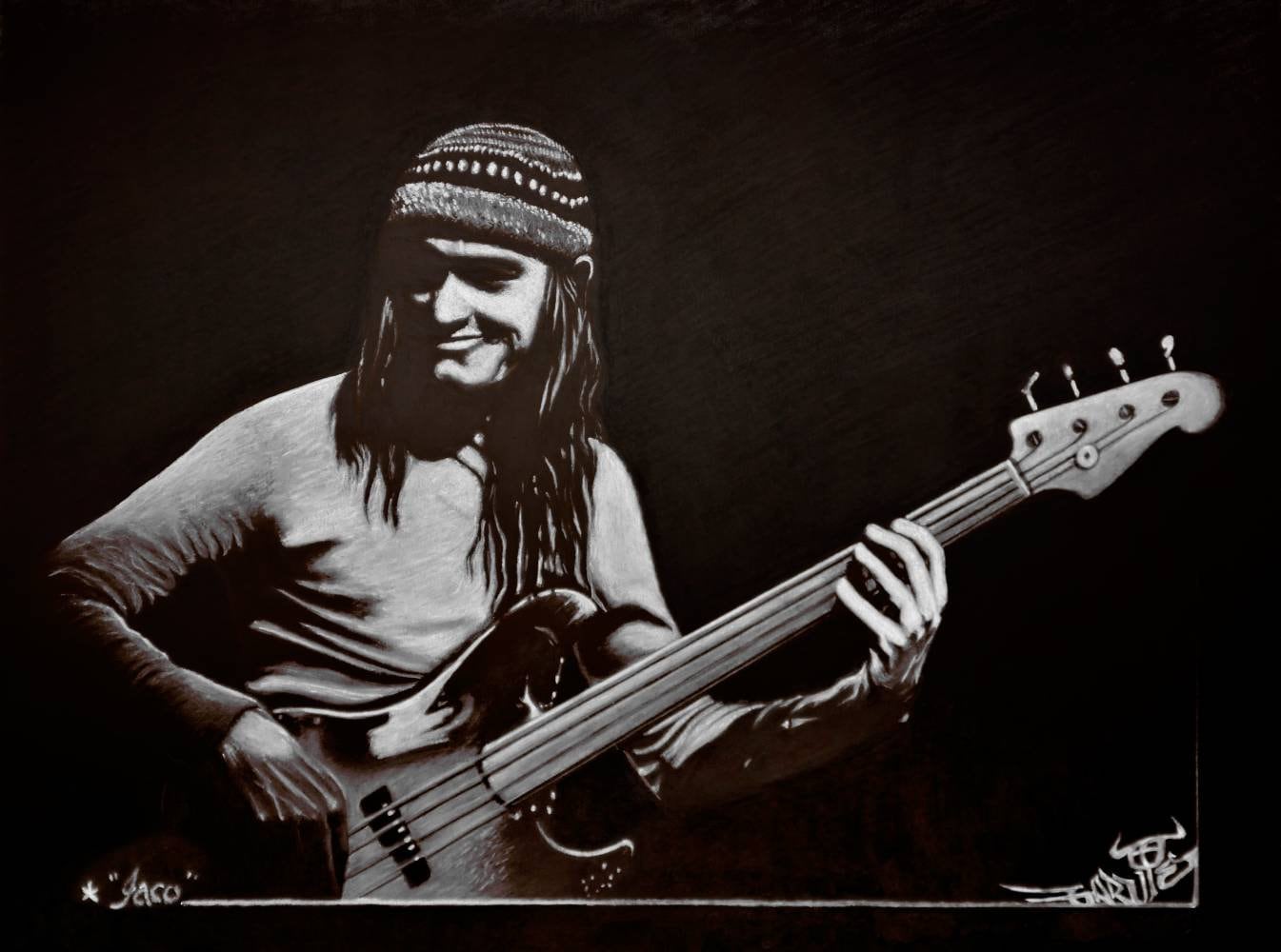 Hand-drawn Action Portrait of Legendary Bass Player Jaco Pastorius