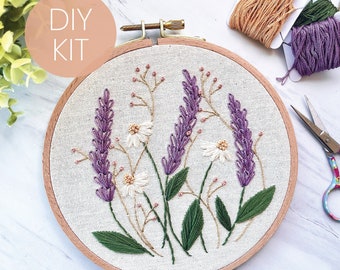 DIY embroidery Kit, craft box, lavender and daisies embroidery, beginner embroidery, embroidery pattern