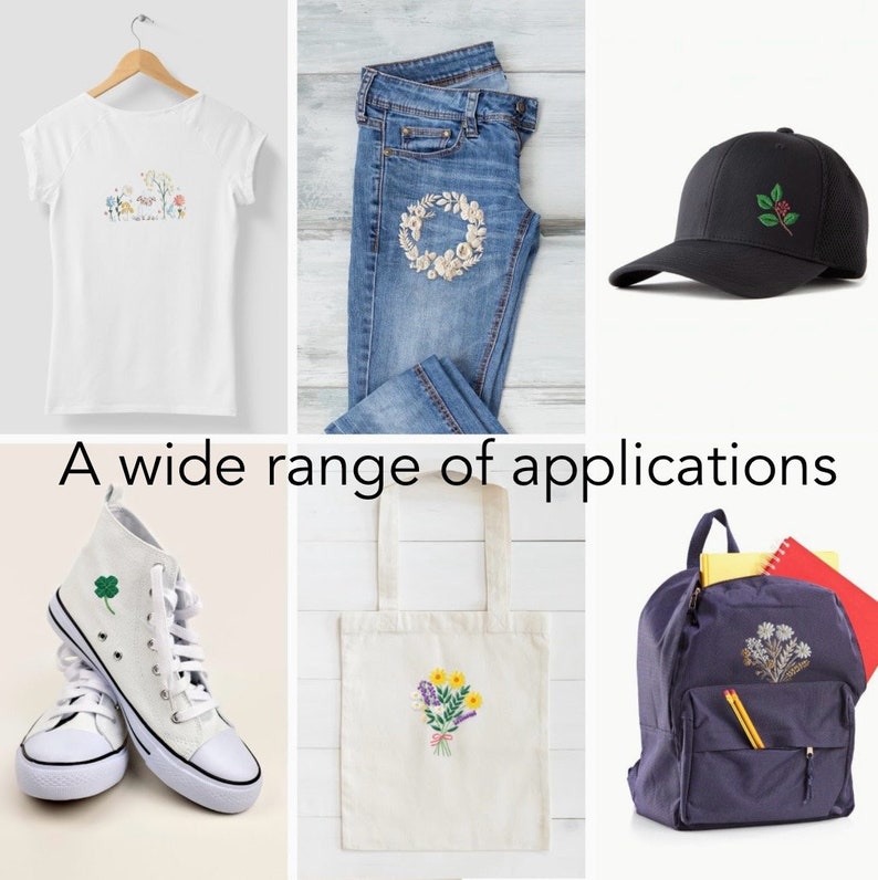 Puede incluir: Una colecci&oacute;n de art&iacute;culos bordados: una camiseta blanca, vaqueros azules, una gorra negra, zapatillas blancas, una bolsa de lona y una mochila azul marino. Cada art&iacute;culo presenta bordados florales o bot&aacute;nicos. Tambi&eacute;n se ve el texto "A wide range of applications".