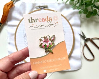 Stargazer Lily Enamel Needle Minder: Cross Stitch, Embroidery Accessory