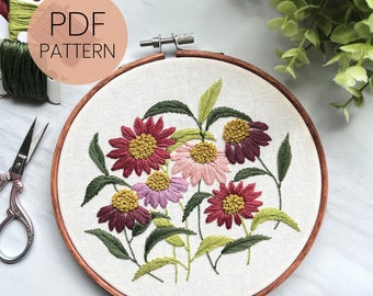 PDF Pattern - Colorful Coneflowers - Step By Step Beginner Embroidery Pattern - embroidery design
