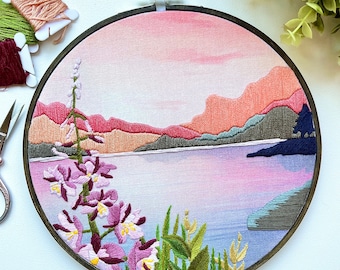 Serenity lake embroidery hoop art, mountain embroidery, home decor, embroidery design, finished embroidery