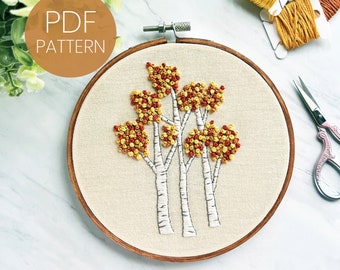 PDF Embroidery Pattern - Autumn Birch Trees - Step By Step Beginner Embroidery Pattern - embroidery design