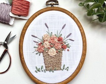 Hand Stitched Embroidery Hoop Art, Blooming Basket Floral wall hanging, Easter flowers, cottagecore home decor